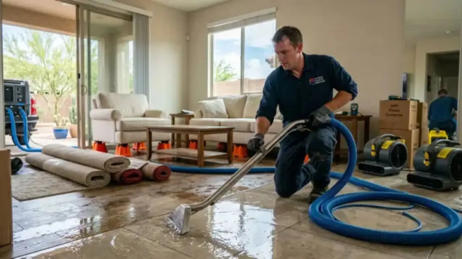 Technician extracting water from a living room floor with drying equipment set up